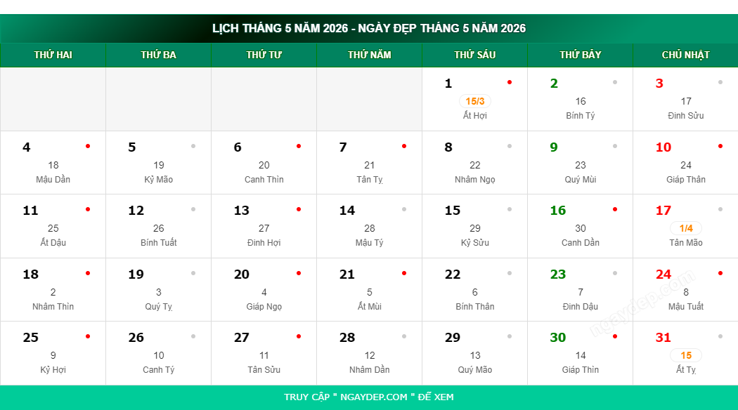 TỔNG HỢP NHỮNG NGÀY LỄ, SỰ KIỆN TRONG THÁNG 5 3 Lịch vạn niên tháng 5 năm 2026 - Xem lịch âm dương tháng 5/2026