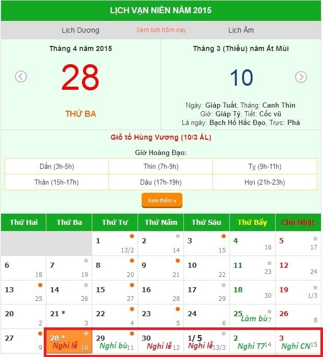 Click để trở về trang xem lịch vạn niên Lịch nghỉ giỗ tổ Hùng vương và 30/4 là 6 ngày