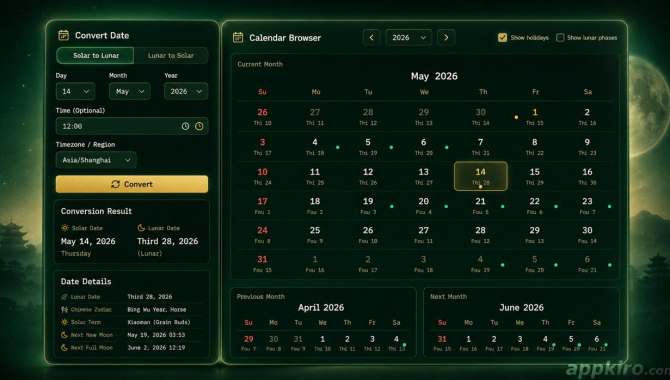 Convert Solar Dates to Lunar Calendar Dates - Công cụ chuyển đổi lịch dương sang lịch âm